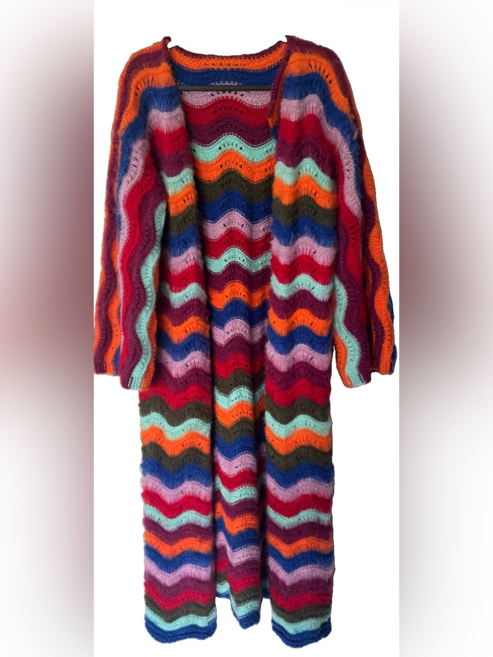 Women’s Knit Full Length Sweater/Shaket Rainbow Curvy Stripes NWOT  One Size